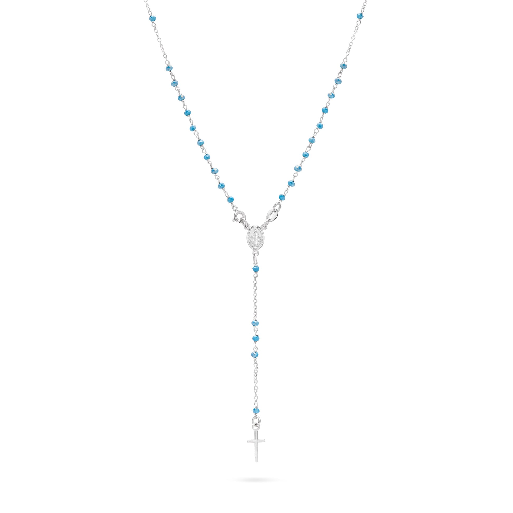 MONDO CATTOLICO ROMA Rosary 35 cm (13.78 in) / 50 cm (19.69 in) / 3 mm (0.12 in) Sterling Silver Rosary with Light Blue Beads