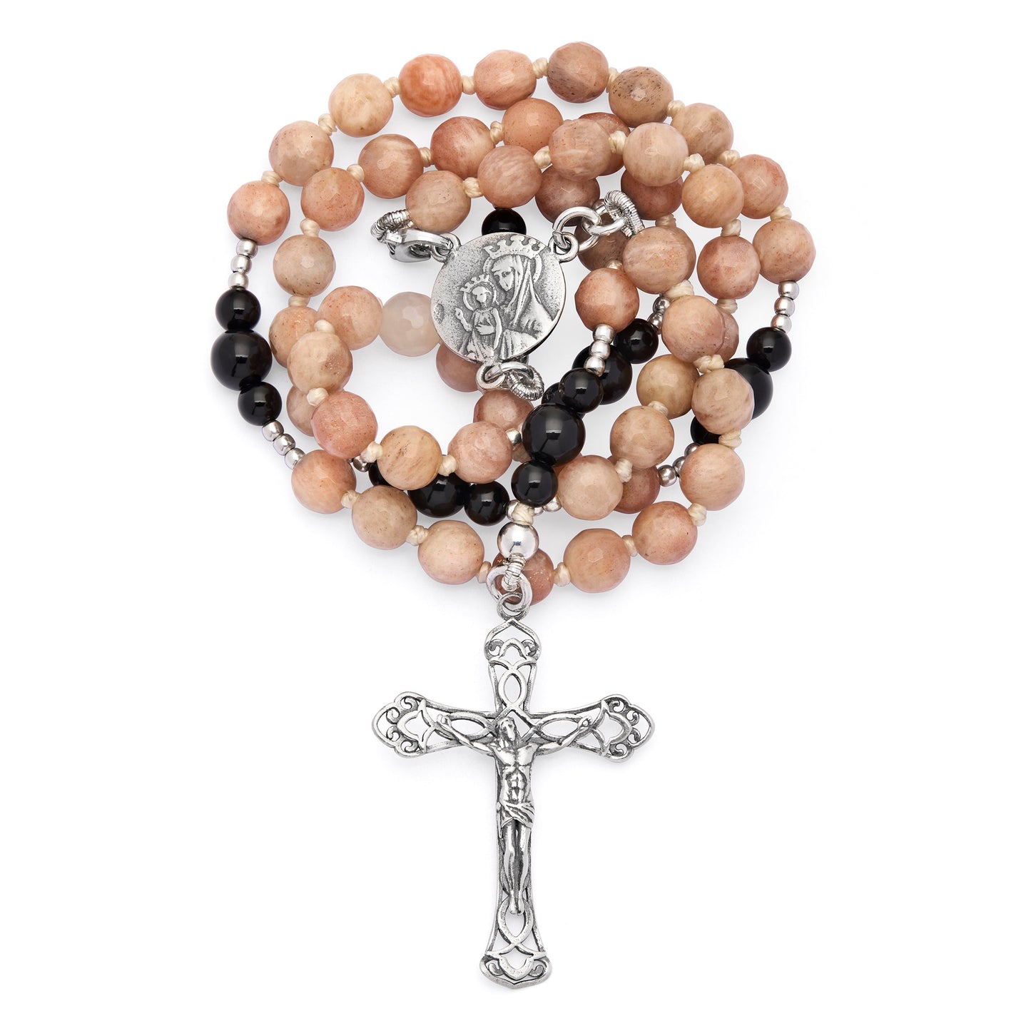 MONDO CATTOLICO ROMA Rosary 36 cm (14.17 in) / 46 cm (18.11 in) / 6 mm (0.24 in) Sterling Silver Rosary with Moonstone and Black Onyx Beads