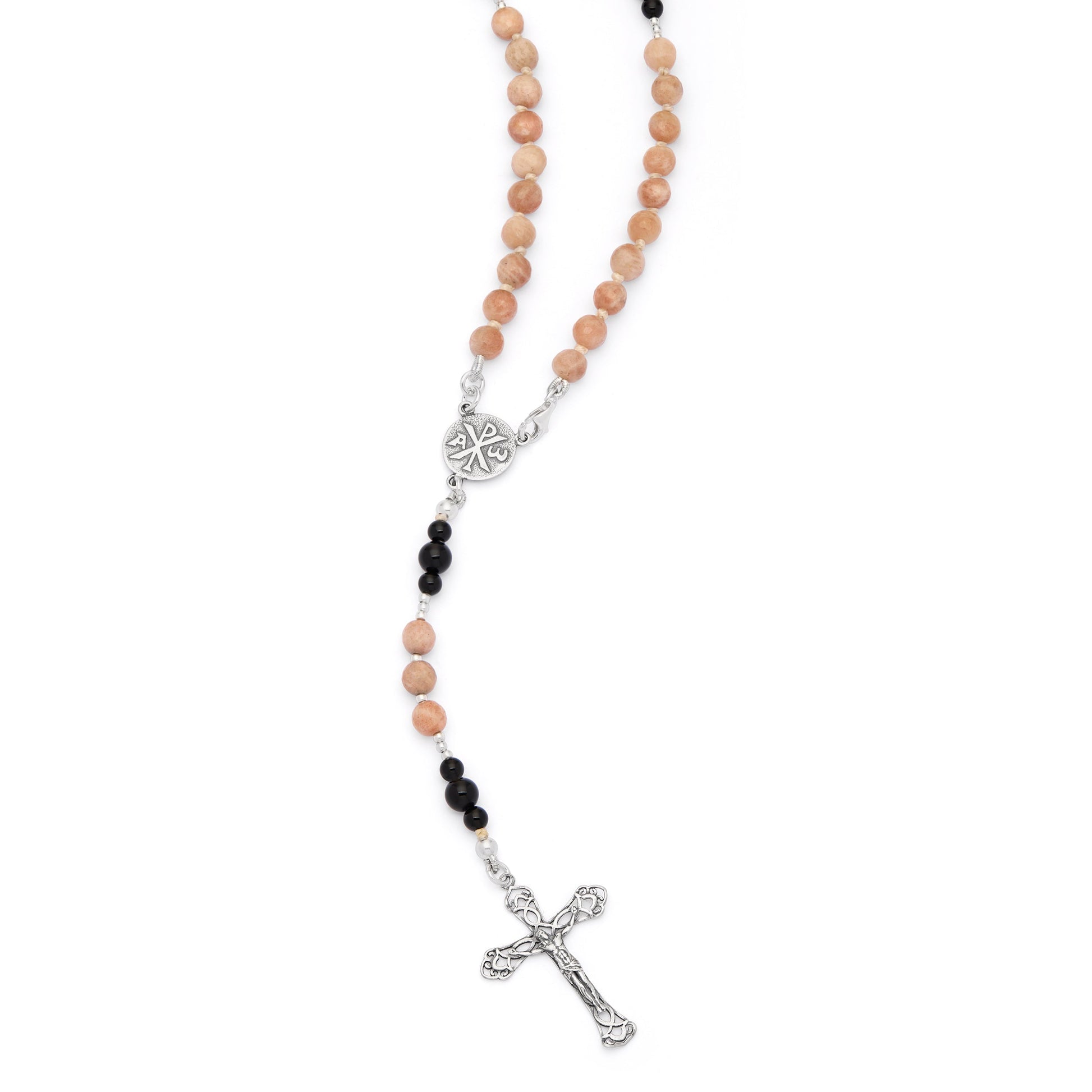 MONDO CATTOLICO ROMA Rosary 36 cm (14.17 in) / 46 cm (18.11 in) / 6 mm (0.24 in) Sterling Silver Rosary with Moonstone and Black Onyx Beads