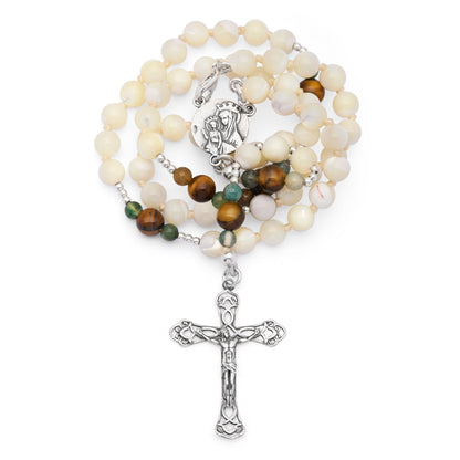 Mondo Cattolico Rosary 36 cm (14.17 in) / 46 cm (18.11 in) / 6 mm (0.24 in) Sterling Silver Rosary with Mother-of-pearl, Tiger's Eye and Indian Agate Beads