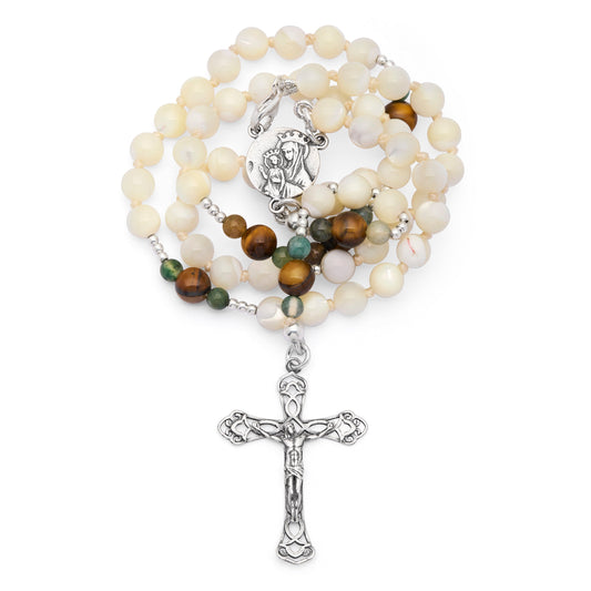 Mondo Cattolico Rosary 36 cm (14.17 in) / 46 cm (18.11 in) / 6 mm (0.24 in) Sterling Silver Rosary with Mother-of-pearl, Tiger's Eye and Indian Agate Beads