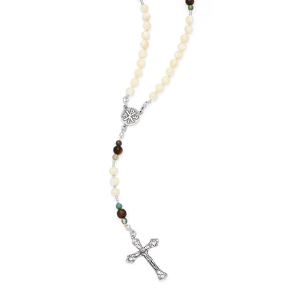 Mondo Cattolico Rosary 36 cm (14.17 in) / 46 cm (18.11 in) / 6 mm (0.24 in) Sterling Silver Rosary with Mother-of-pearl, Tiger's Eye and Indian Agate Beads