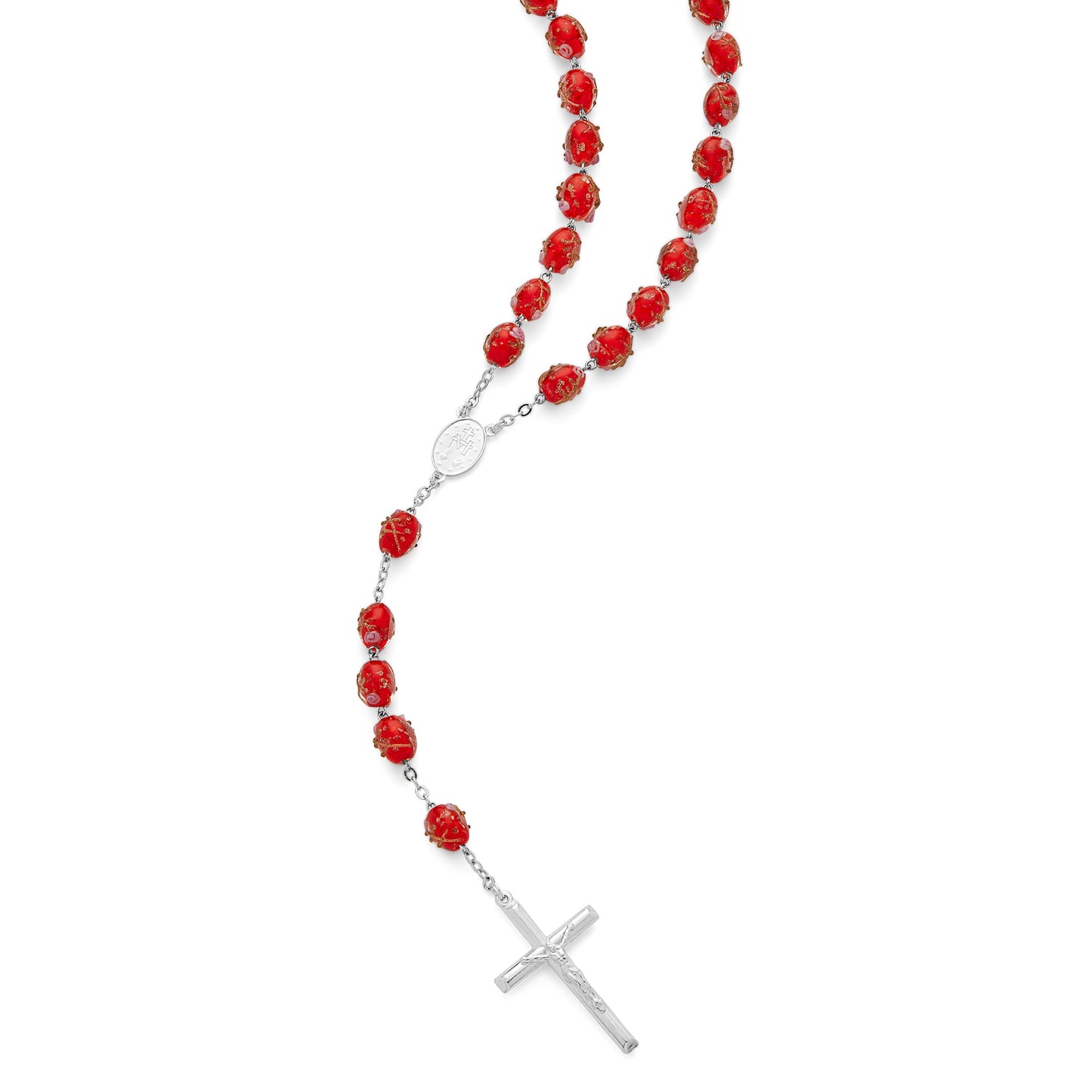 MONDO CATTOLICO ROMA Rosary 60 cm (23.62 in) / 85 cm (33.46 in) / 8 x 10 mm (0.31 x 0.39 in) Sterling Silver Rosary with Red Glass Beads and Rosettes with the Miraculous Medal