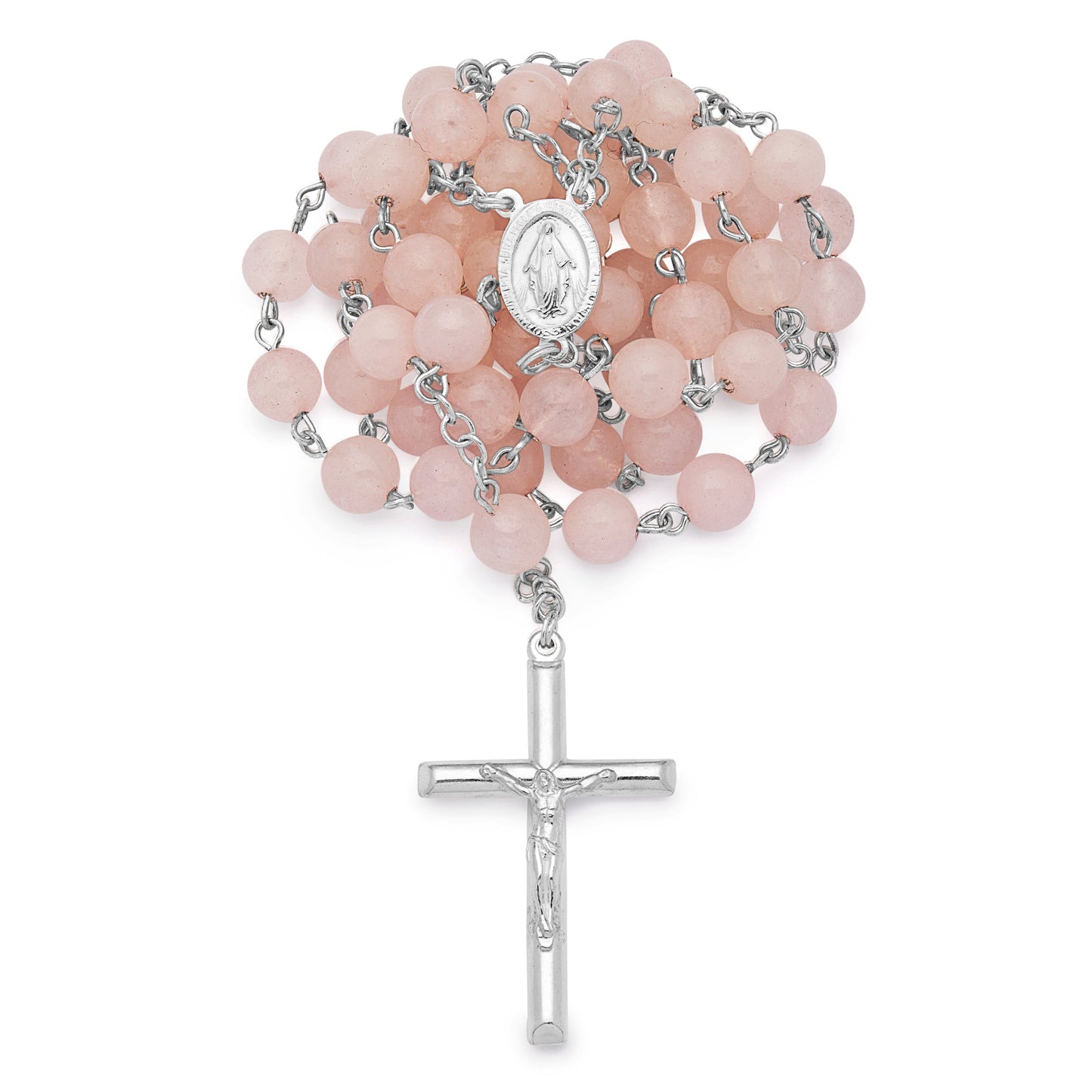 MONDO CATTOLICO ROMA Rosary 58 cm (22.83 in) / 80 cm (31.50 in) / 8 mm (0.31 in) Sterling Silver Rosary with Rose Quartz Beads