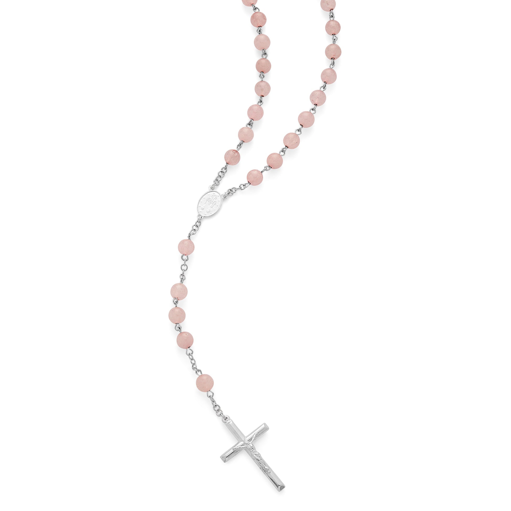 MONDO CATTOLICO ROMA Rosary 58 cm (22.83 in) / 80 cm (31.50 in) / 8 mm (0.31 in) Sterling Silver Rosary with Rose Quartz Beads