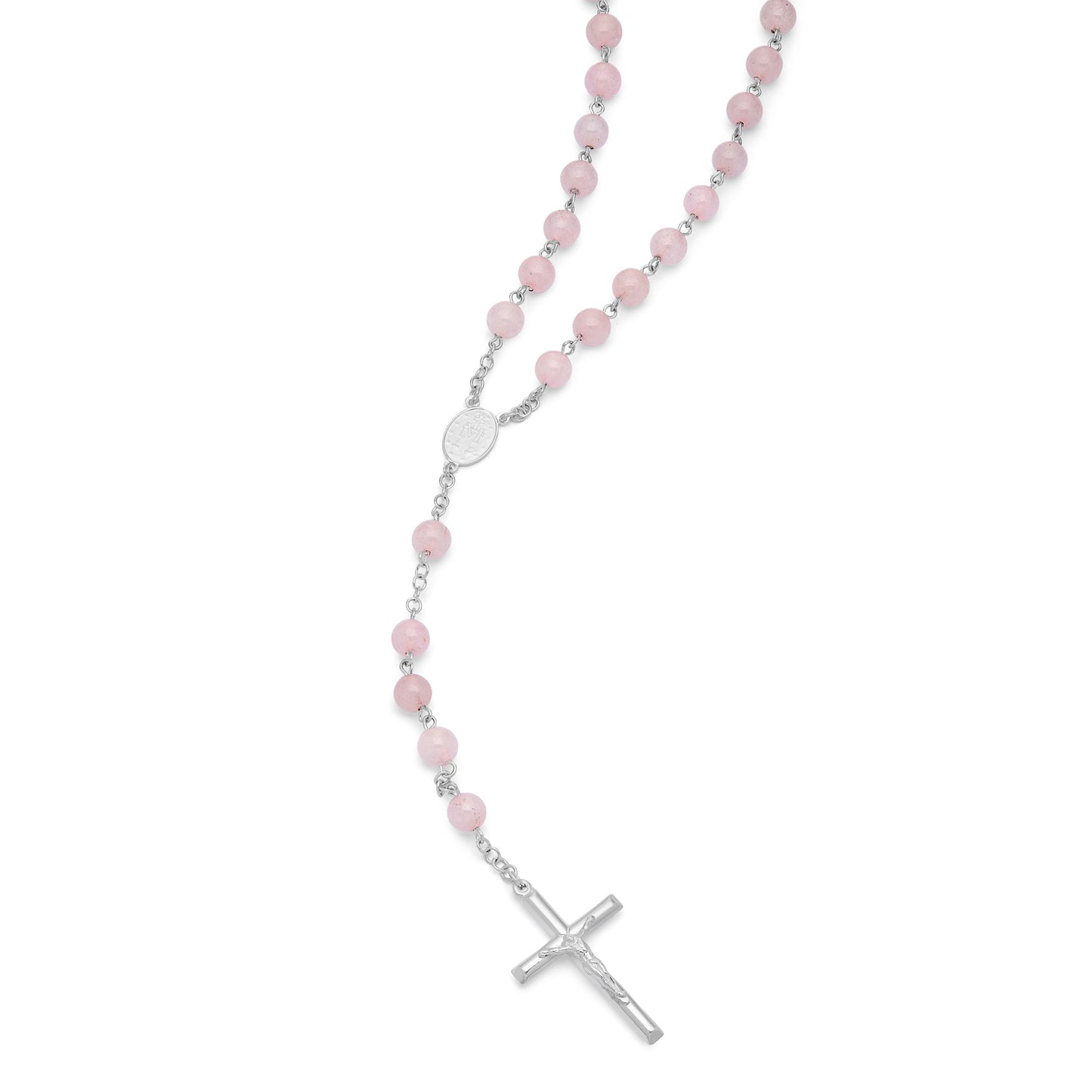 MONDO CATTOLICO ROMA Rosary 58 cm (22.83 in) / 80 cm (31.50 in) / 8 mm (0.31 in) Sterling Silver Rosary with Rose Quartz Beads