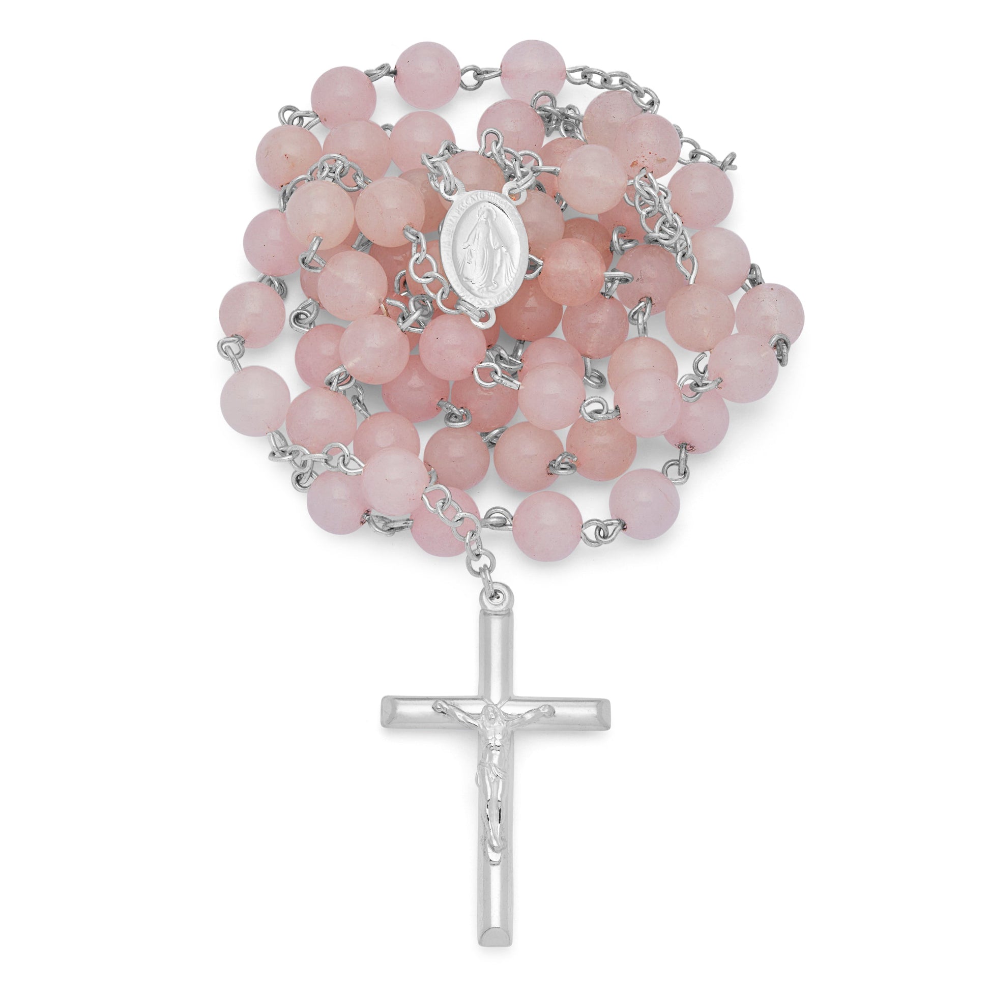 MONDO CATTOLICO ROMA Rosary 58 cm (22.83 in) / 80 cm (31.50 in) / 8 mm (0.31 in) Sterling Silver Rosary with Rose Quartz Beads