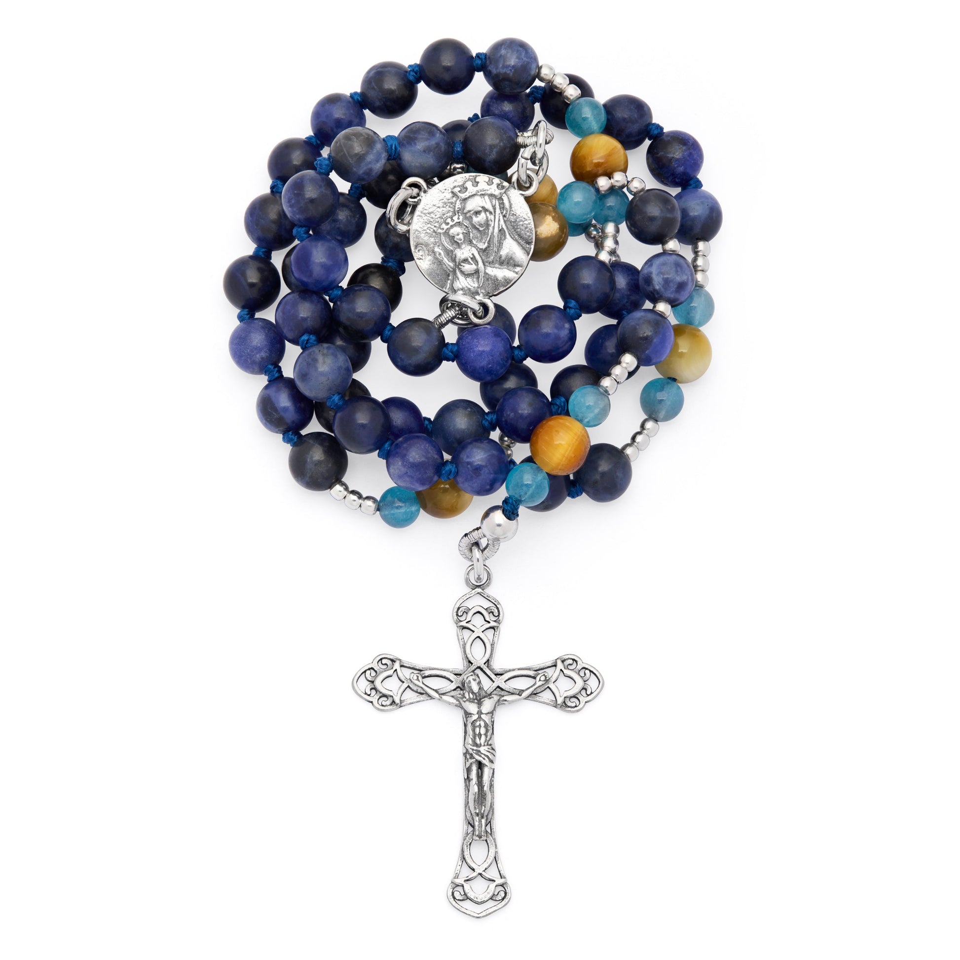 MONDO CATTOLICO ROMA Rosary 36 cm (14.17 in) / 46 cm (18.11 in) / 6 mm (0.24 in) Sterling Silver Rosary with Sodalite, Tiger's Eye and Angelite Beads