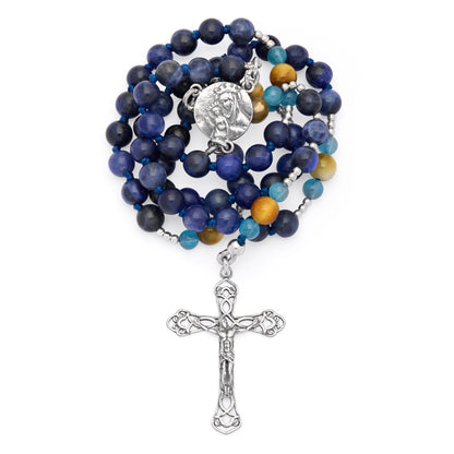 MONDO CATTOLICO ROMA Rosary 36 cm (14.17 in) / 46 cm (18.11 in) / 6 mm (0.24 in) Sterling Silver Rosary with Sodalite, Tiger's Eye and Angelite Beads