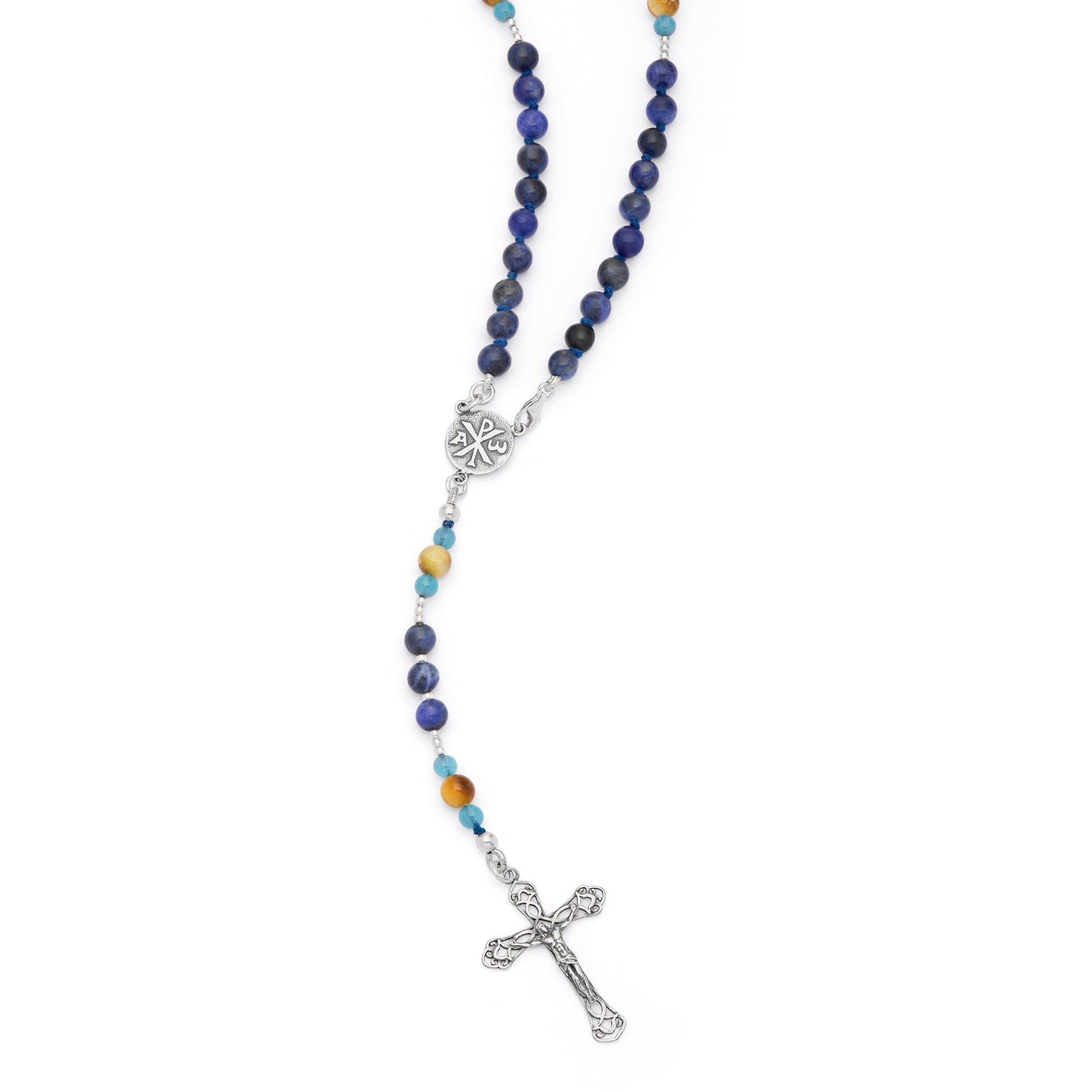 MONDO CATTOLICO ROMA Rosary 36 cm (14.17 in) / 46 cm (18.11 in) / 6 mm (0.24 in) Sterling Silver Rosary with Sodalite, Tiger's Eye and Angelite Beads