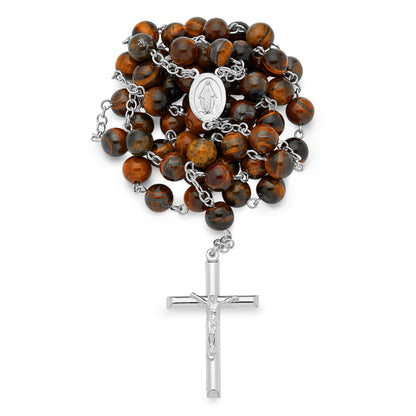 MONDO CATTOLICO ROMA Rosary 58 cm (22.83 in) / 82 cm (32.28 in) / 8 mm (0.31 in) Sterling Silver Rosary with Tiger's Eye Beads