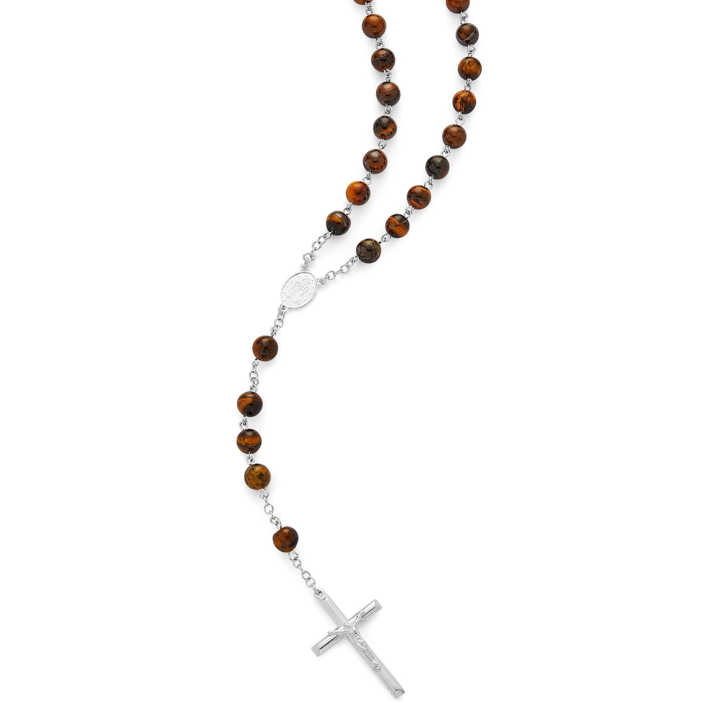 MONDO CATTOLICO ROMA Rosary 58 cm (22.83 in) / 82 cm (32.28 in) / 8 mm (0.31 in) Sterling Silver Rosary with Tiger's Eye Beads