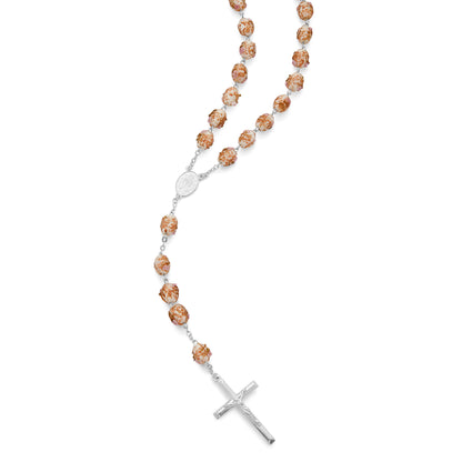 MONDO CATTOLICO ROMA Rosary 60 cm (23.62 in) / 85 cm (33.46 in) / 8 x 10 mm (0.31 x 0.39 in) Sterling Silver Rosary with White Glass Beads and Rosettes with the Miraculous Medal