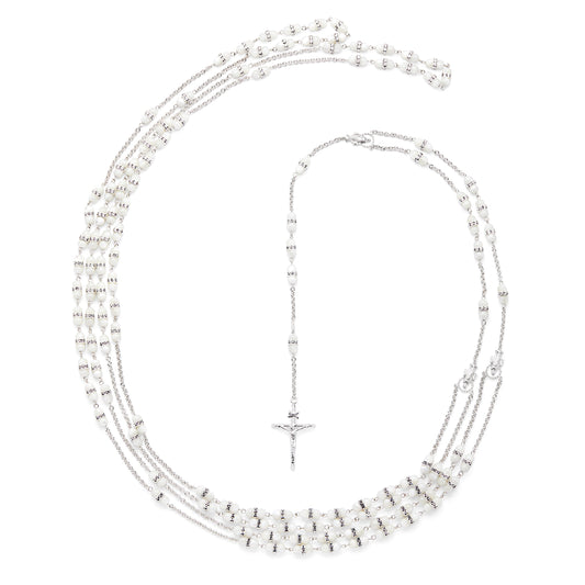 MONDO CATTOLICO ROMA Wedding Lazo 140 cm (55.12 in) / 118 cm (46.46 in) / 12 x 6 mm (0.47 x 0.24 in) Sterling Silver Wedding Lazo with Mother-of-pearl Beads and Cubic Zirconia