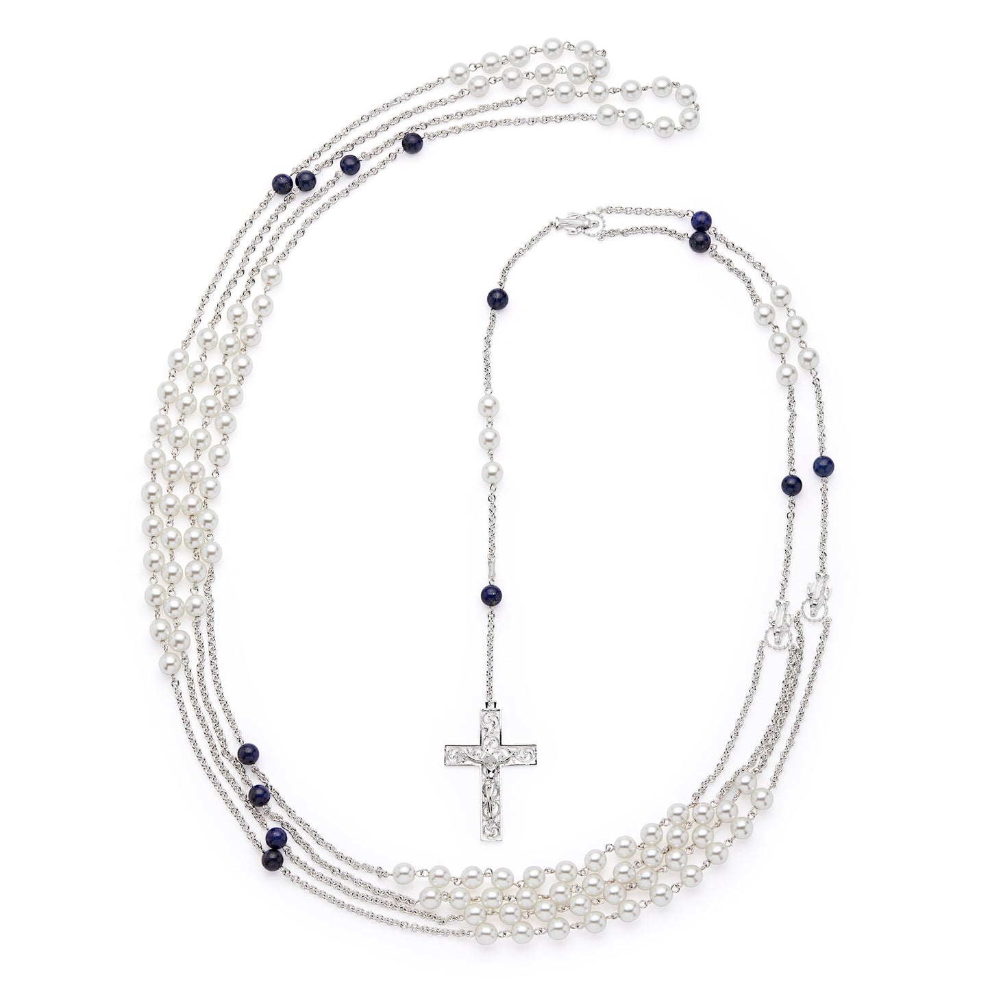 MONDO CATTOLICO ROMA Wedding Lazo 140 cm (55.12 in) / 125 cm (49.21 in) / 8 mm (0.31 in) Sterling Silver Wedding Lazo with Pearl and Blue Beads