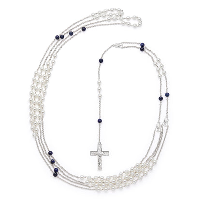 MONDO CATTOLICO ROMA Wedding Lazo 140 cm (55.12 in) / 125 cm (49.21 in) / 8 mm (0.31 in) Sterling Silver Wedding Lazo with Pearl and Blue Beads