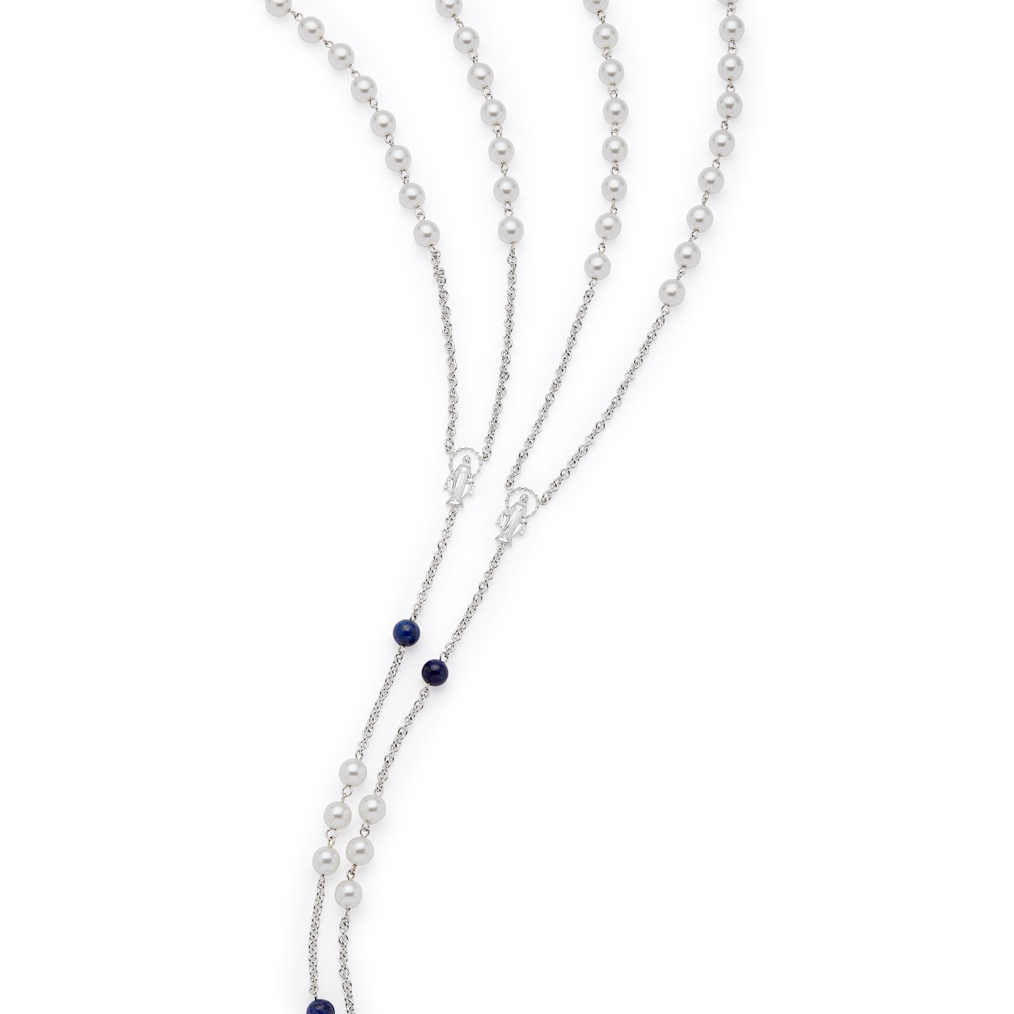 MONDO CATTOLICO ROMA Wedding Lazo 140 cm (55.12 in) / 125 cm (49.21 in) / 8 mm (0.31 in) Sterling Silver Wedding Lazo with Pearl and Blue Beads