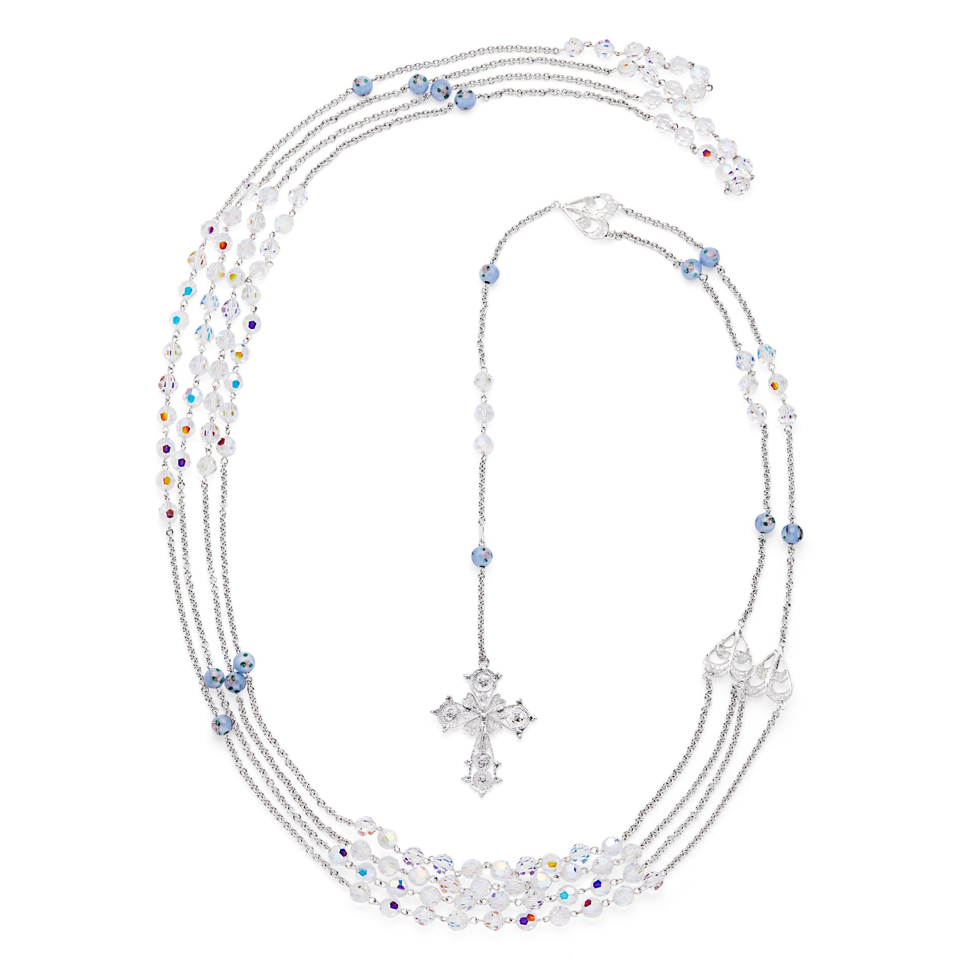 MONDO CATTOLICO ROMA Wedding Lazo 145 cm (57.09 in) / 125 cm (49.21 in) / 8 mm (0.31 in) Sterling Silver Wedding Lazo with Pearl and Blue Lampwork Beads