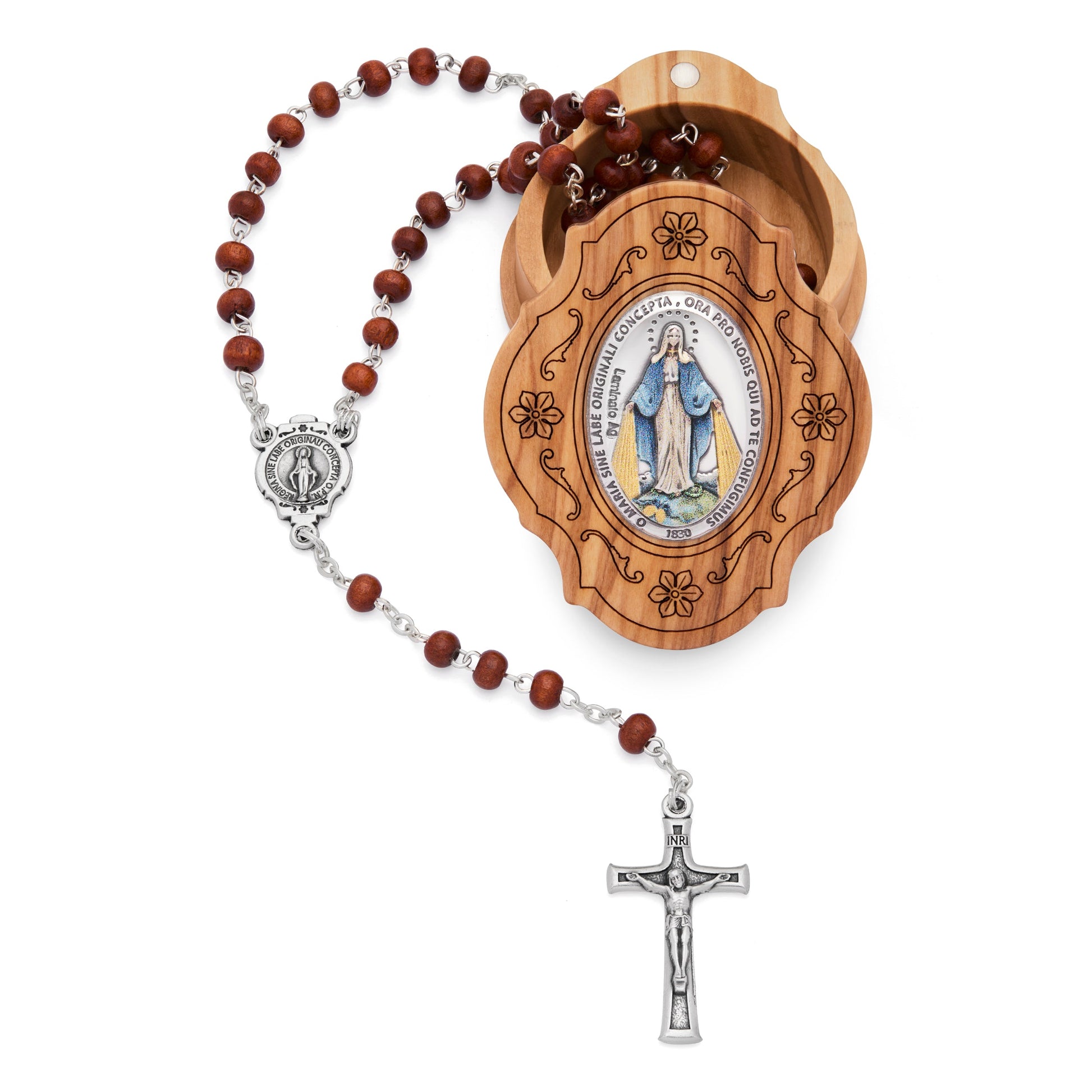 MONDO CATTOLICO ROMA Rosary Box 5x6 cm (1.97x2.36 in) / 4 mm (0.15 in) / 38 cm (14.96 in) Ulive Wood Colored Our Lady of the Miraculous Medal Rosary Case With Wood Rosary