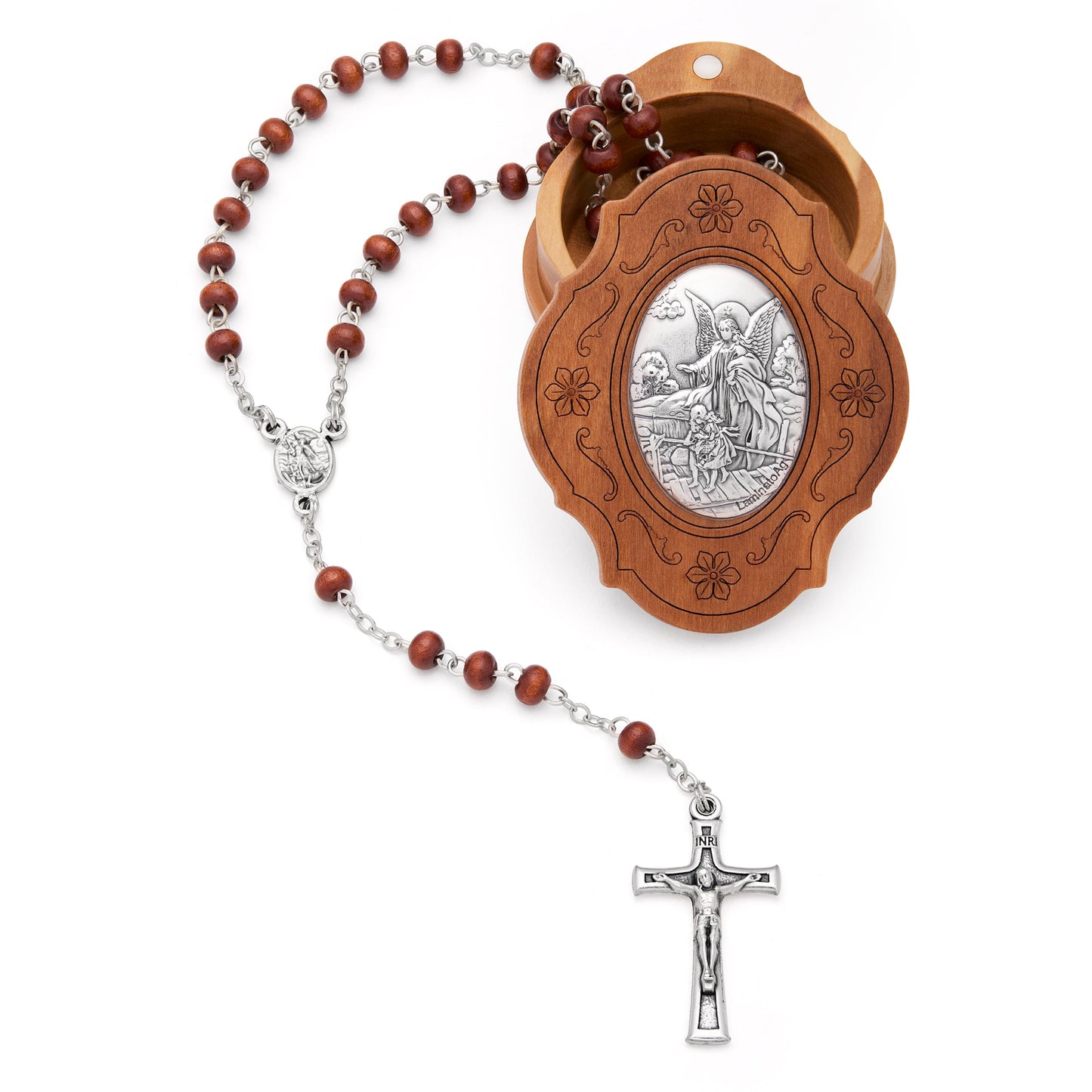 MONDO CATTOLICO ROMA Rosary Box 5x6 cm (1.97x2.36 in) / 4 mm (0.15 in) / 38 cm (14.96 in) Ulive Wood Guardian Angel Rosary Case With Wood Rosary