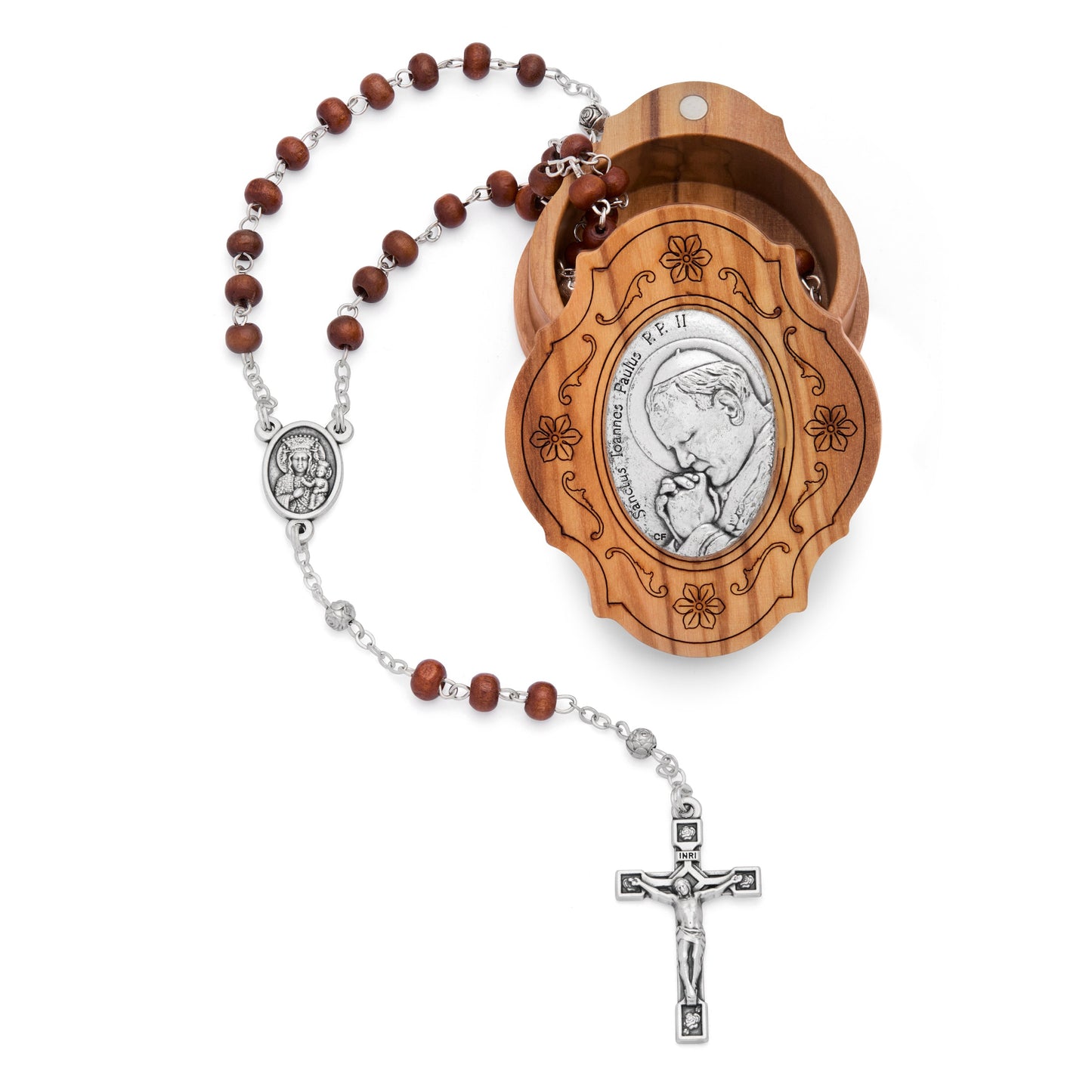 MONDO CATTOLICO ROMA Rosary Box 5x6 cm (1.97x2.36 in) / 4 mm (0.15 in) / 38 cm (14.96 in) Ulive Wood Pope St. John Paul II Rosary Case With Wood Rosary