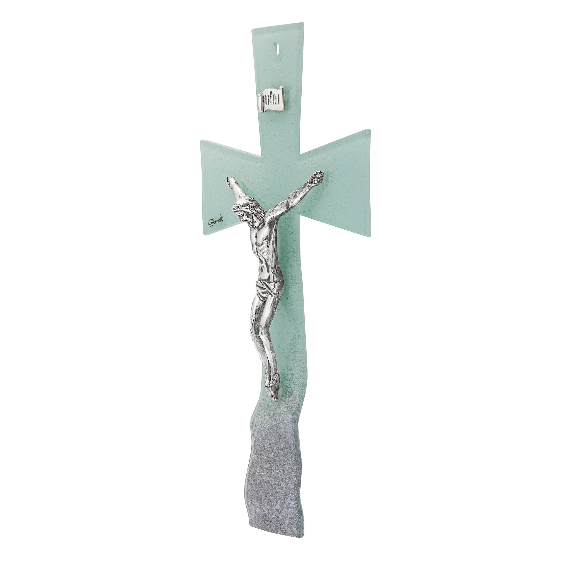 MONDO CATTOLICO ROMA Cross Wavy Aquamarine Murano Glass Crucifix