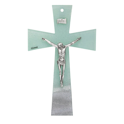 MONDO CATTOLICO ROMA Cross Wavy Aquamarine Murano Glass Crucifix