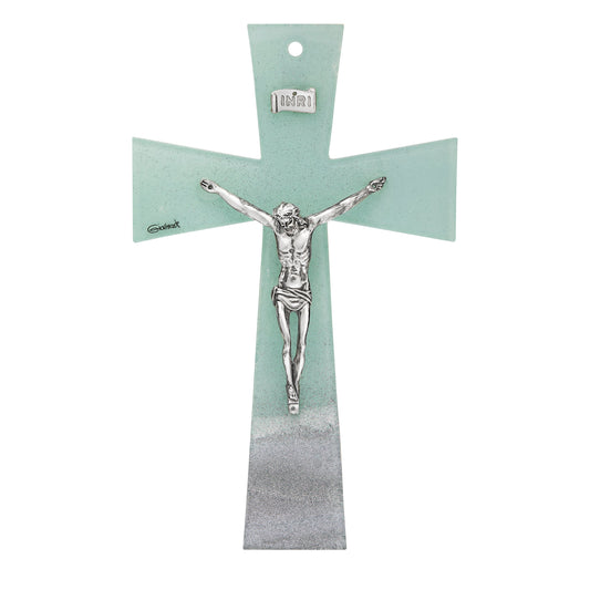 MONDO CATTOLICO ROMA Cross Wavy Aquamarine Murano Glass Crucifix