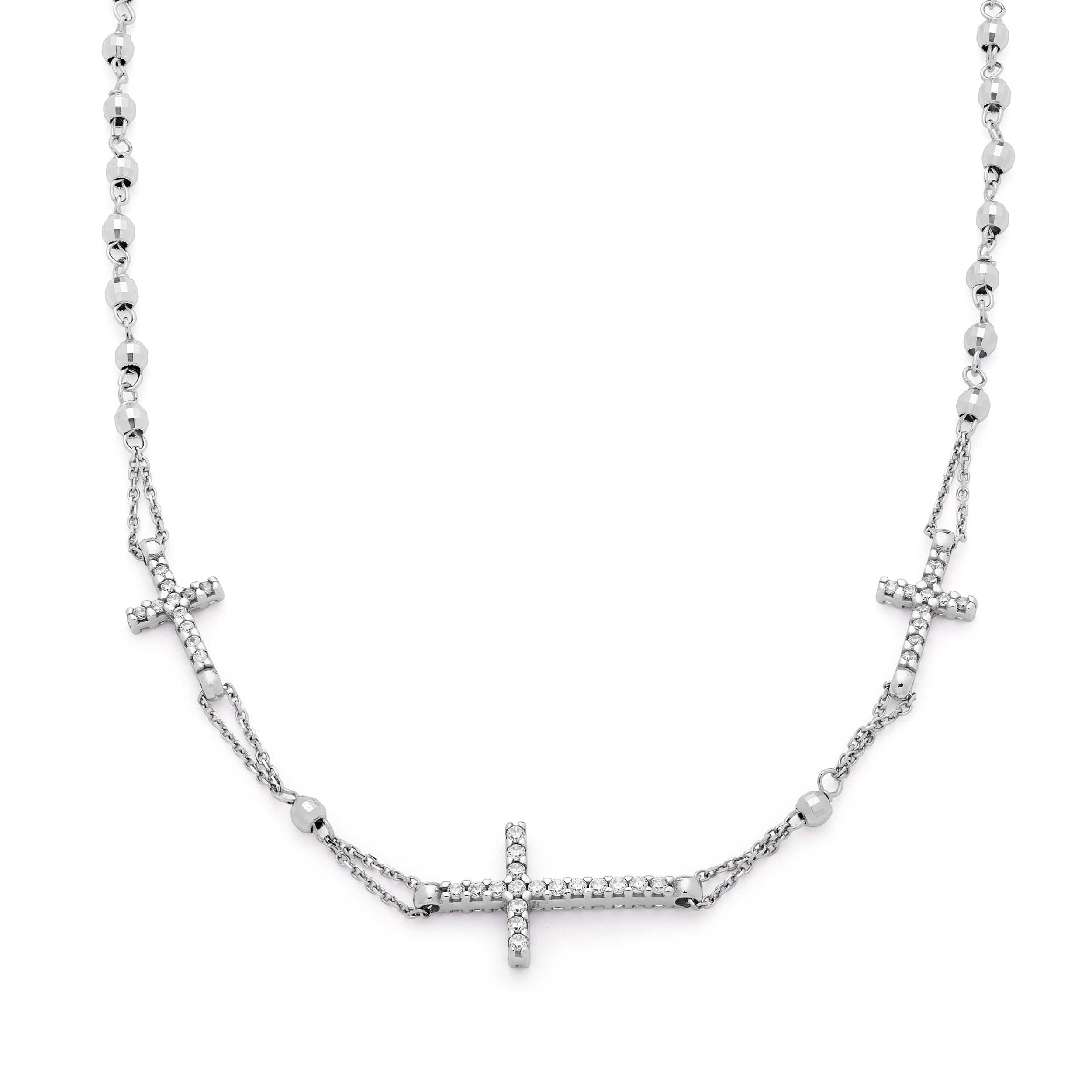 White Gold Rosary Beads Necklace Three Crosses | MONDO CATTOLICO