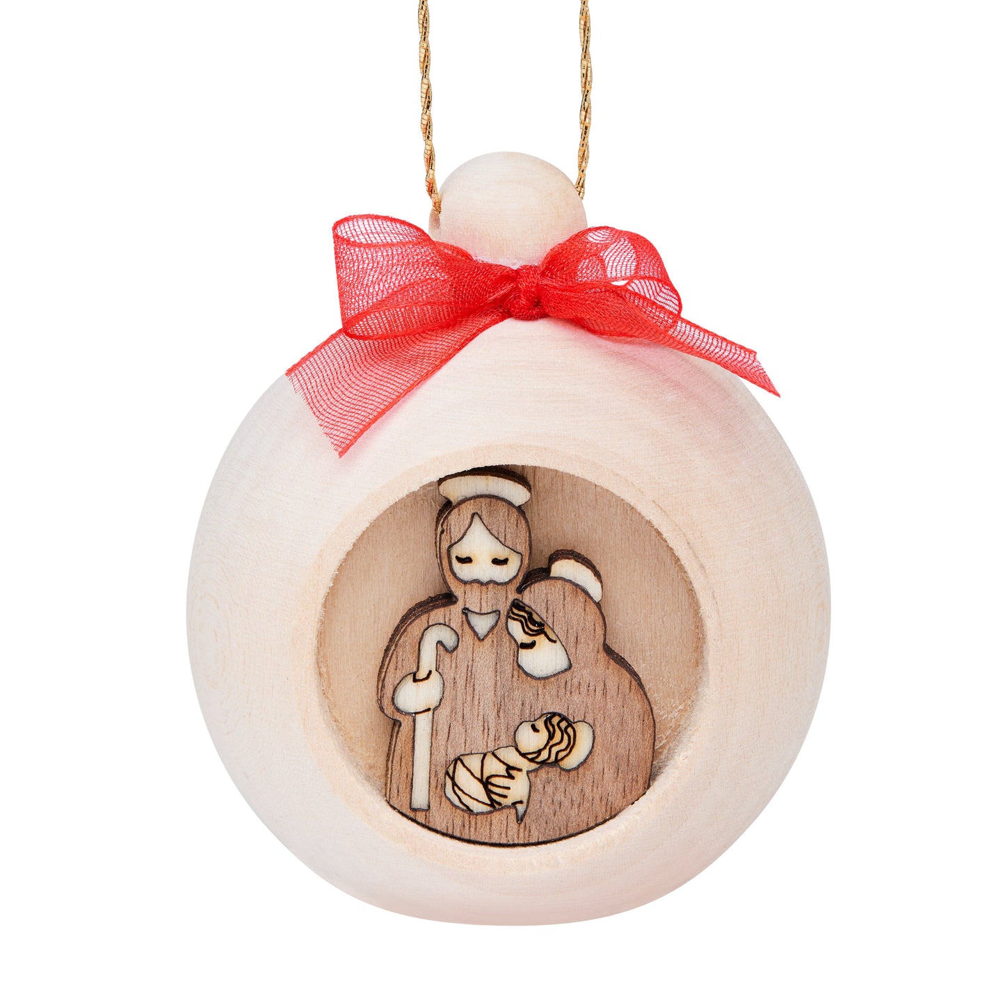 MONDO CATTOLICO ROMA Nativity 6 cm (2.36 in) Wooden Christmas Ball with Carved Nativity Scene and a Red Bow