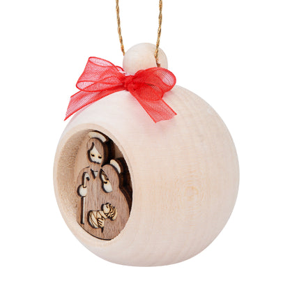 MONDO CATTOLICO ROMA Nativity 6 cm (2.36 in) Wooden Christmas Ball with Carved Nativity Scene and a Red Bow