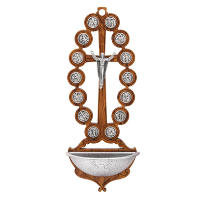 Mondo Cattolico Holy Water Font 15 cm (5.91 in) Wooden Holy Water Font with the Risen Christ and Via Crucis