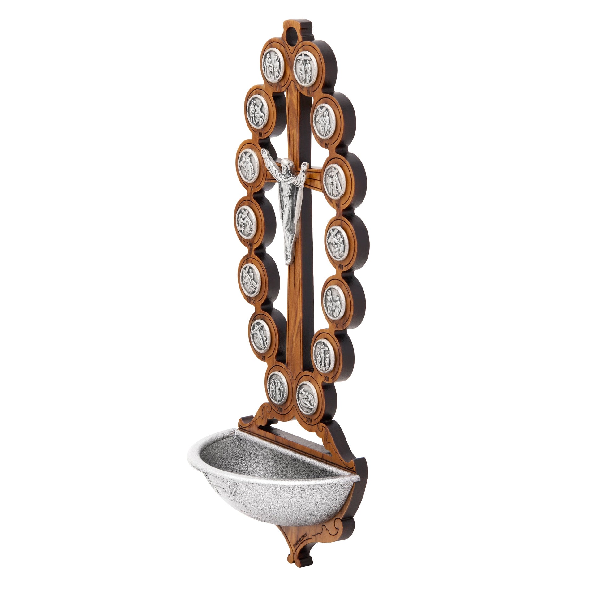 Mondo Cattolico Holy Water Font 15 cm (5.91 in) Wooden Holy Water Font with the Risen Christ and Via Crucis