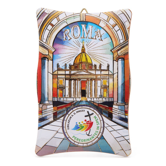 MONDO CATTOLICO ROMA Panel 7 x 10 cm (2.76 x 3.94 in) Wooden Jubilee 2025 Panel with St. Peter's Basilica in Mosaic Style