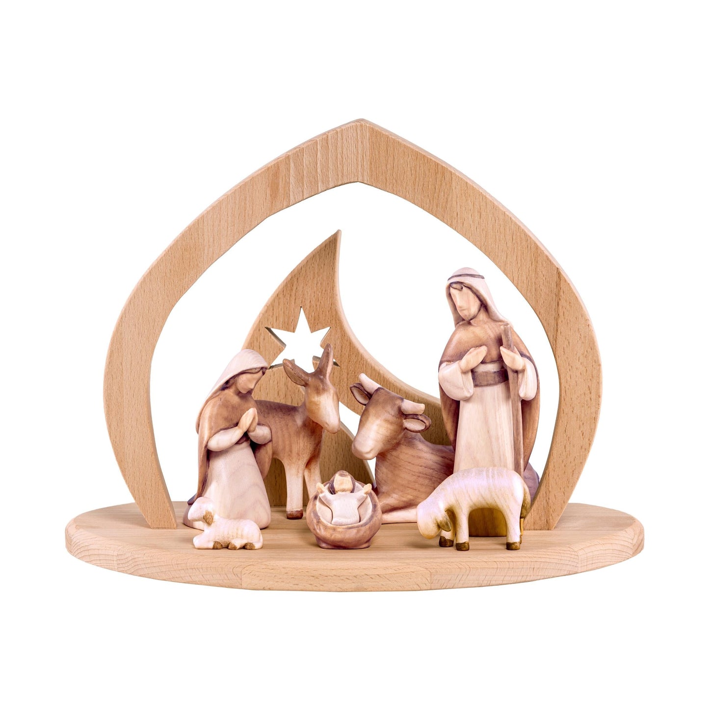 Mondo Cattolico Nativity 26 cm (10.24 in) / 20 cm (7.87 in) / 12 cm (4.72 in) Wooden Nativity Scene Modern Style with Flame-shaped Stable