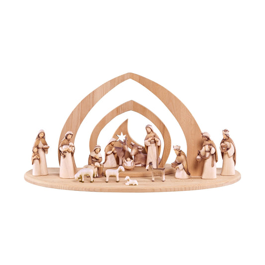 MONDO CATTOLICO ROMA Nativity Wooden Nativity Scene Modern Style with Flame-shaped Stable, the Three Magi and Shepherds