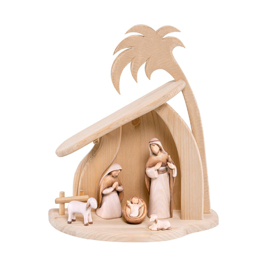 Mondo Cattolico Nativity 24 cm (9.45 in) / 30 cm (11.81 in) / 12 cm (4.72 in) Wooden Nativity Scene Modern Style with Modern Stable