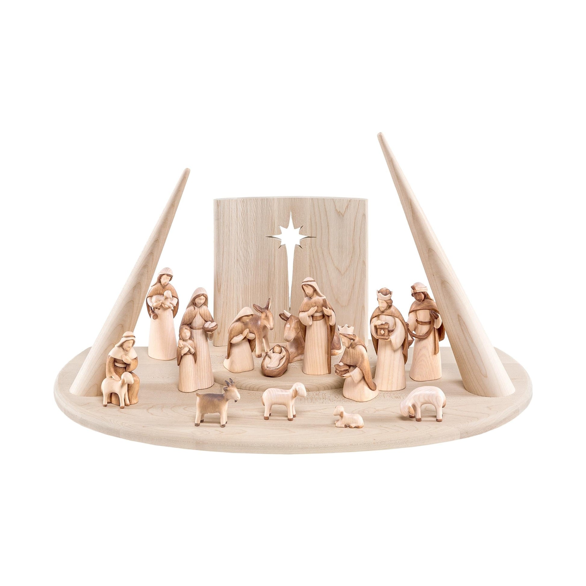 Mondo Cattolico Nativity 58 cm (22.83 in) / 31 cm (12.20 in) / 12 cm (4.72 in) Wooden Nativity Scene Modern Style with Scenic Stable, the Three Magi and Shepherds