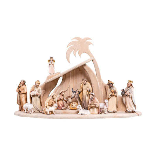 Mondo Cattolico Nativity 48 cm (18.90 in) / 32 cm (12.60 in) / 12 cm (4.72 in) Wooden Nativity Scene with Modern Stable, the Three Magi and Shepherds