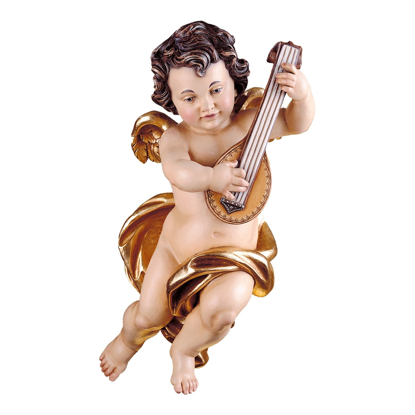 Mondo Cattolico Colored / 10 cm (3.9 in) Wooden statue of Cherub with mandolin