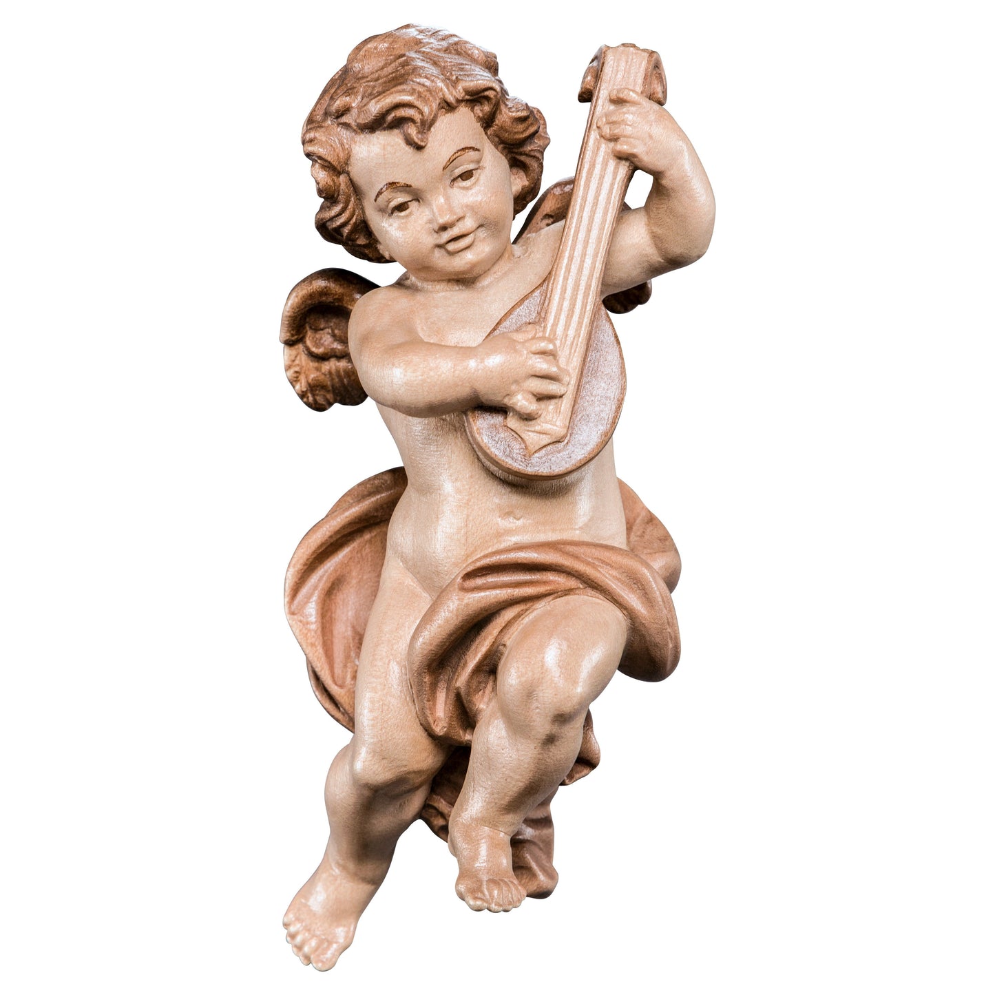 Mondo Cattolico Glossy / 10 cm (3.9 in) Wooden statue of Cherub with mandolin