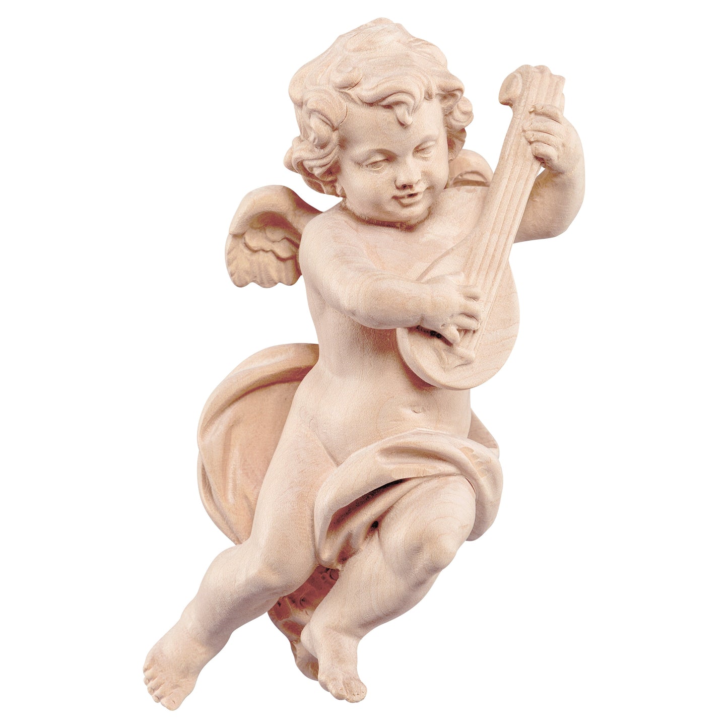 Mondo Cattolico Natural / 10 cm (3.9 in) Wooden statue of Cherub with mandolin