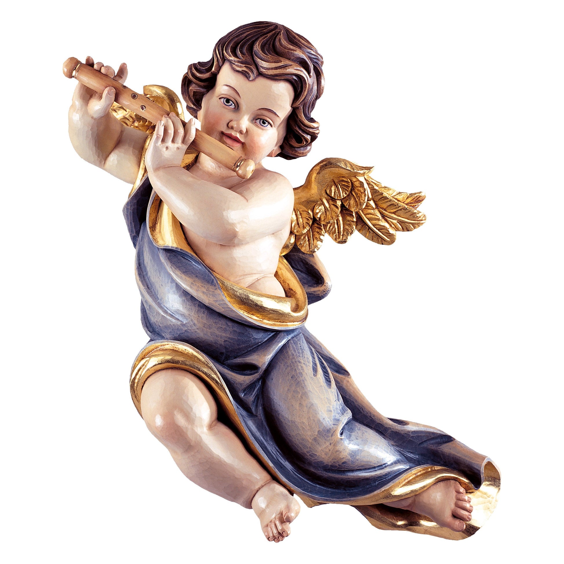 Mondo Cattolico Colored / 11 cm (4.3 in) Wooden statue of Marian cherub with flute