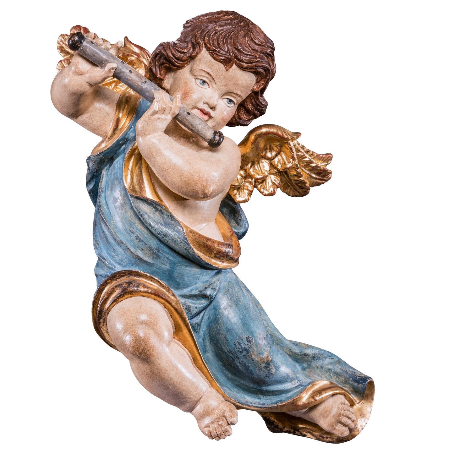 Mondo Cattolico Golden / 22 cm (8.7 in) Wooden statue of Marian cherub with flute