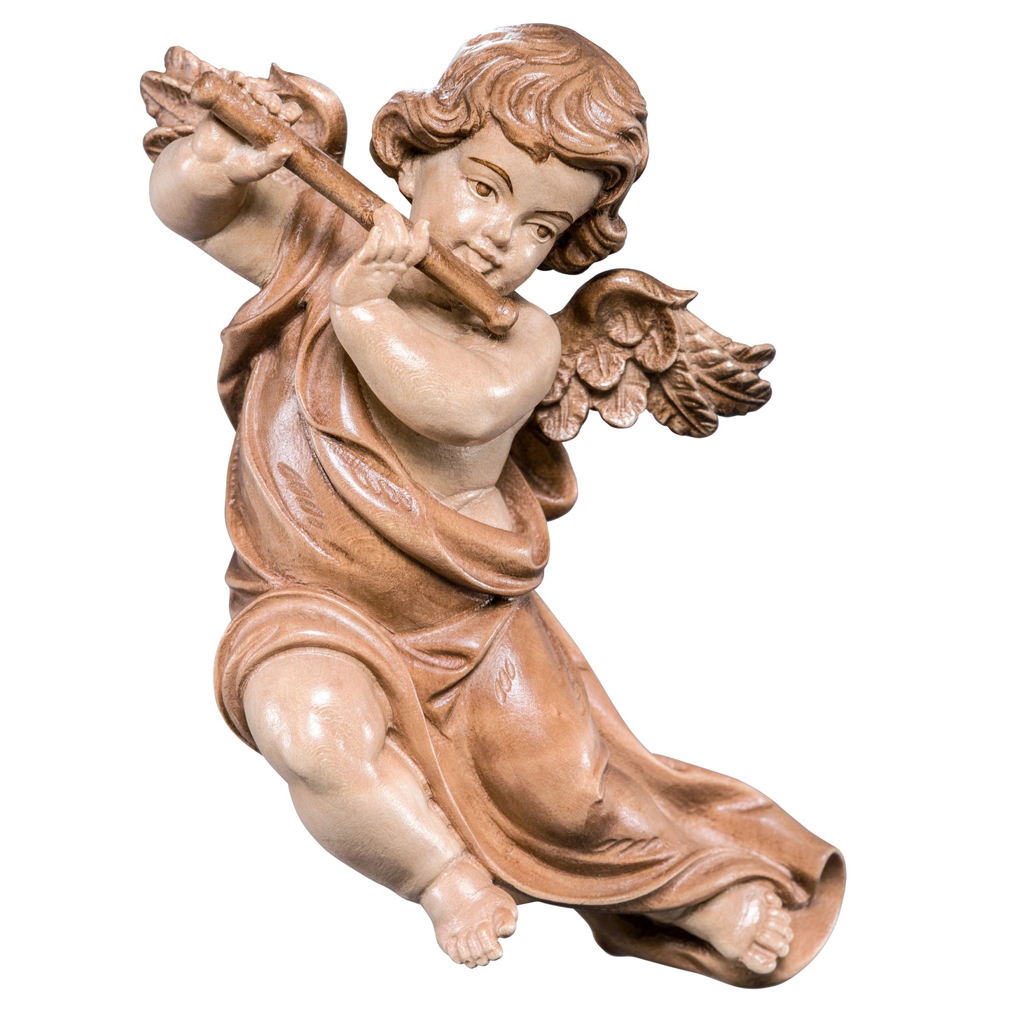 Mondo Cattolico Glossy / 11 cm (4.3 in) Wooden statue of Marian cherub with flute