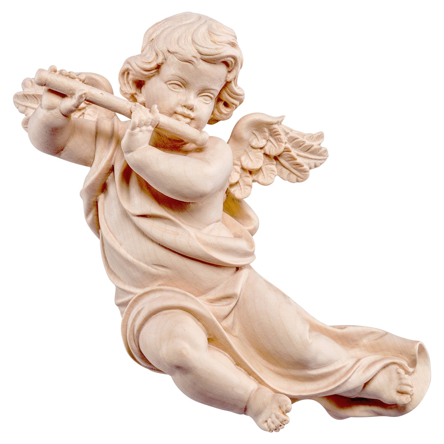 Mondo Cattolico Natural / 11 cm (4.3 in) Wooden statue of Marian cherub with flute