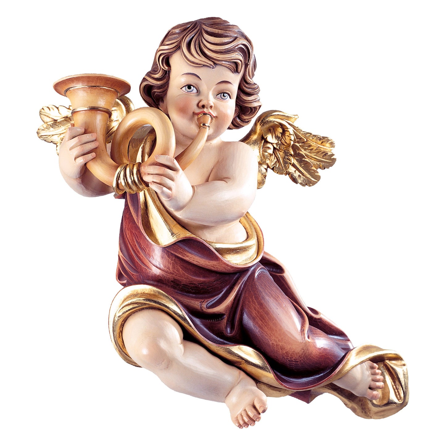 Mondo Cattolico Colored / 11 cm (4.3 in) Wooden statue of Marian cherub with horn