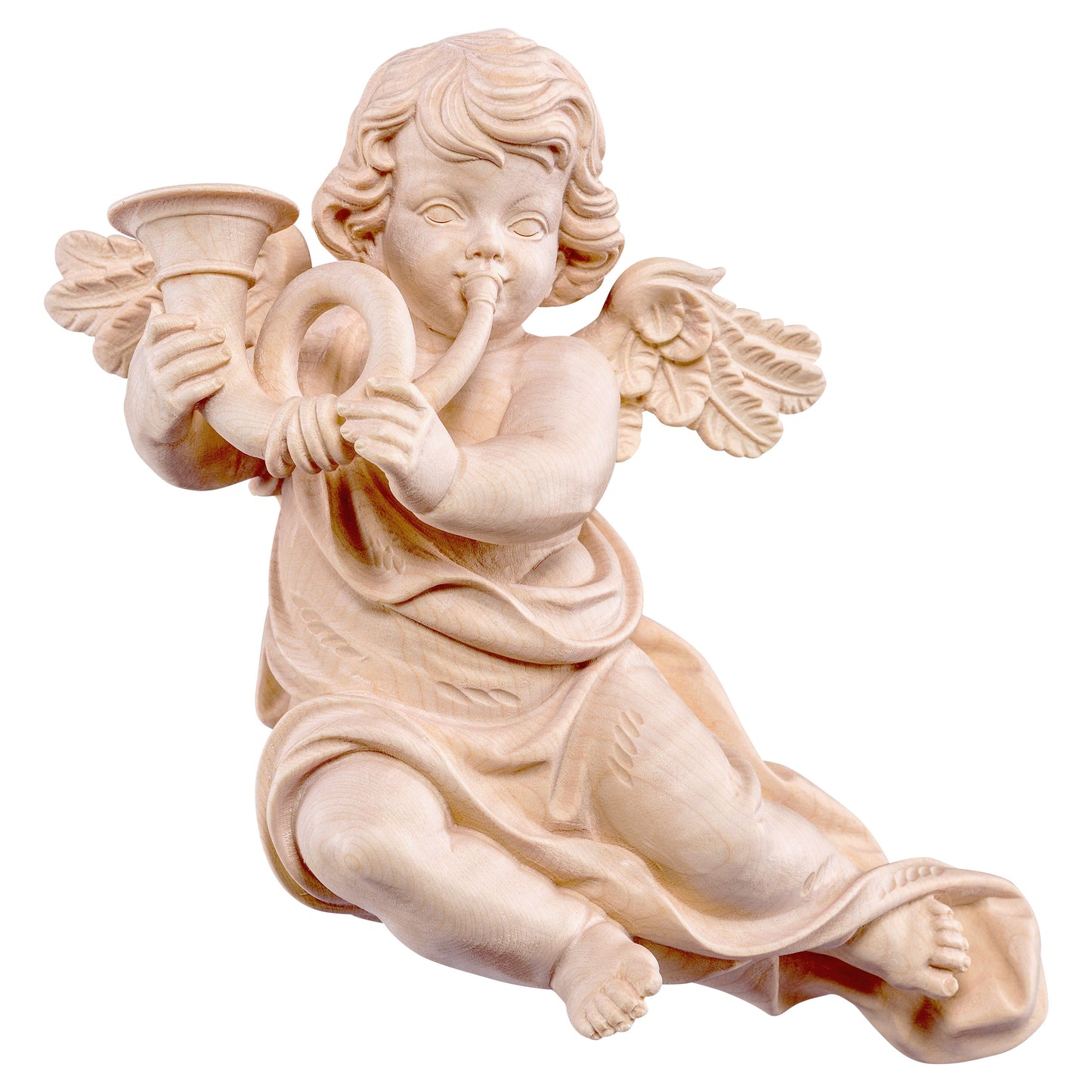 Mondo Cattolico Natural / 11 cm (4.3 in) Wooden statue of Marian cherub with horn