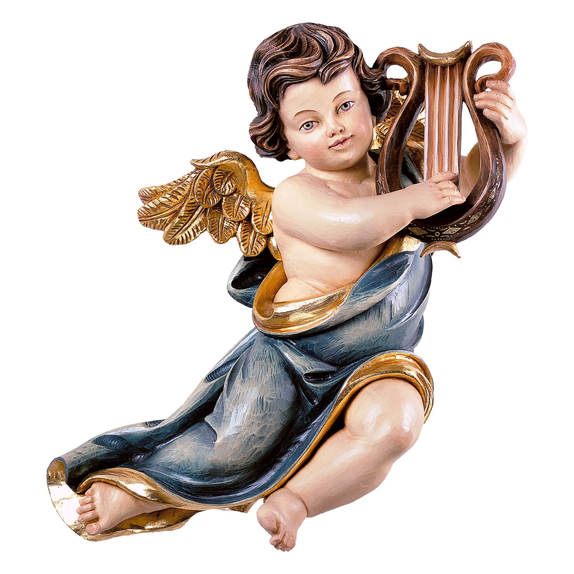 Mondo Cattolico Colored / 11 cm (4.3 in) Wooden statue of Marian cherub with lyre