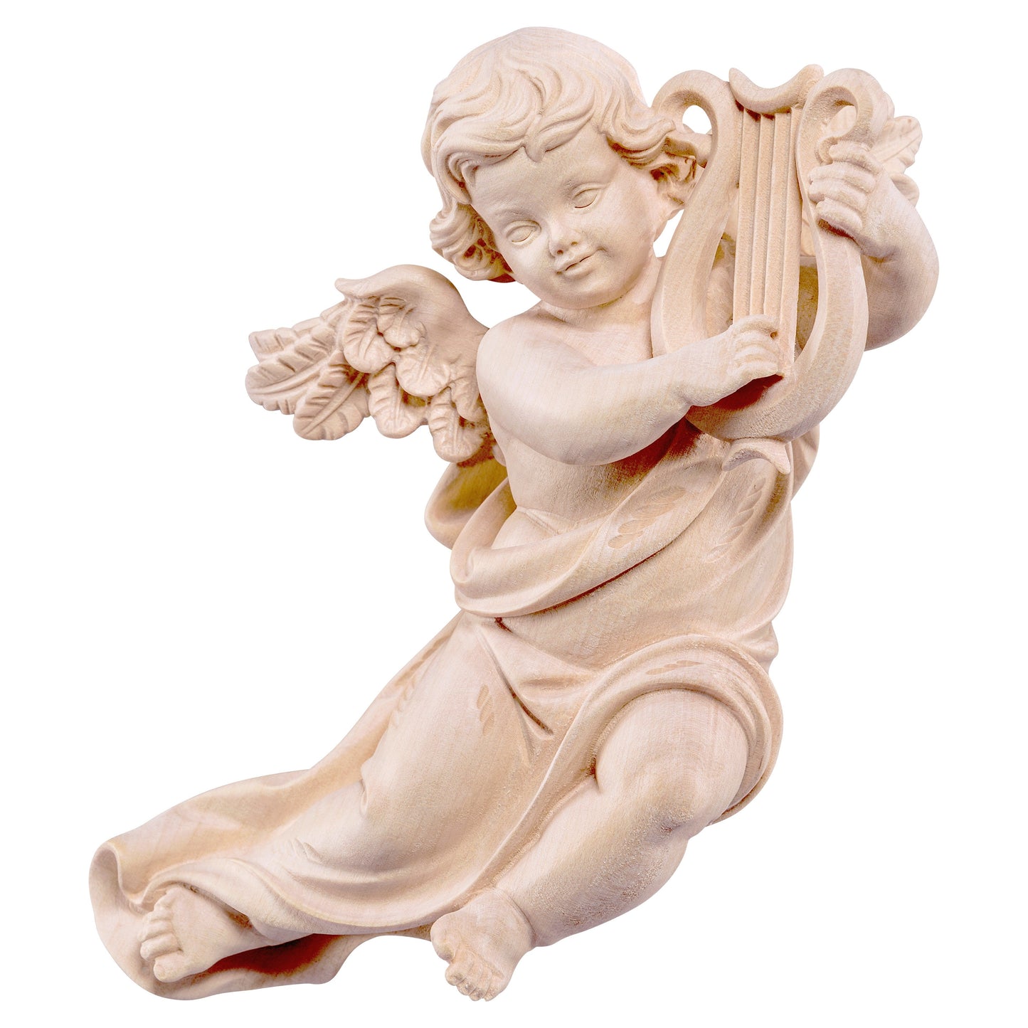 Mondo Cattolico Natural / 11 cm (4.3 in) Wooden statue of Marian cherub with lyre